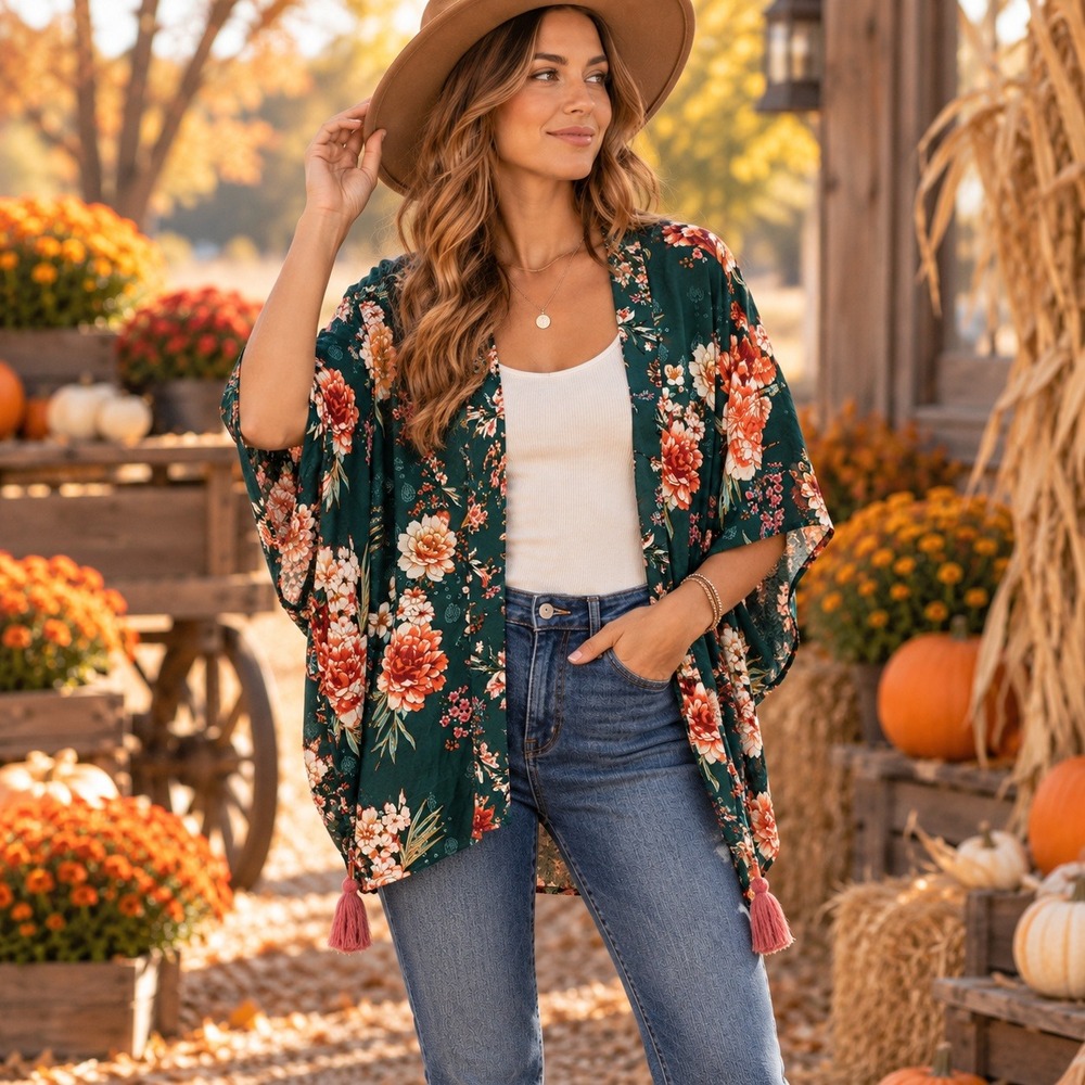 Knox Rose Green Floral Kimono Tassel Open Front Boho Duster M/L Rayon